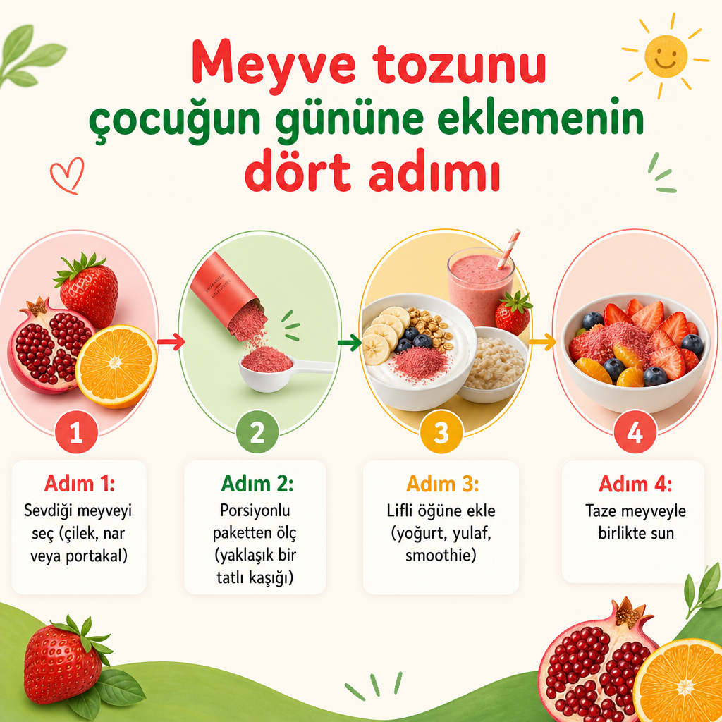 Meyve tozunu çocuğun günlük öğününe eklemenin dört adımlı süreci