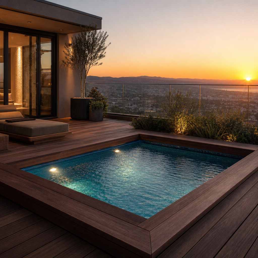 Villa terasında akşam ışığında konumlanmış kompakt bir mini havuz.