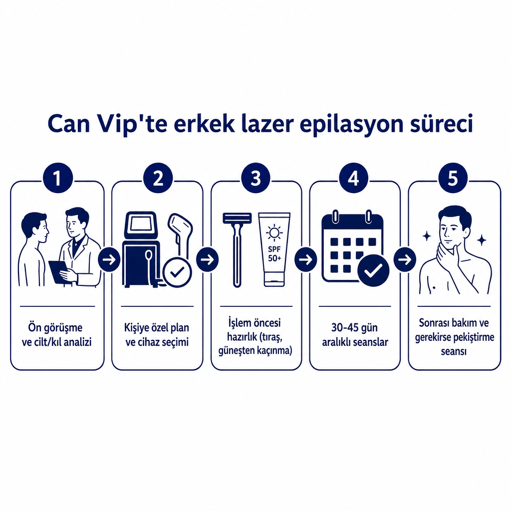Ön görüşmeden sonraki bakıma kadar beş adımlı erkek lazer epilasyon süreç şeması
