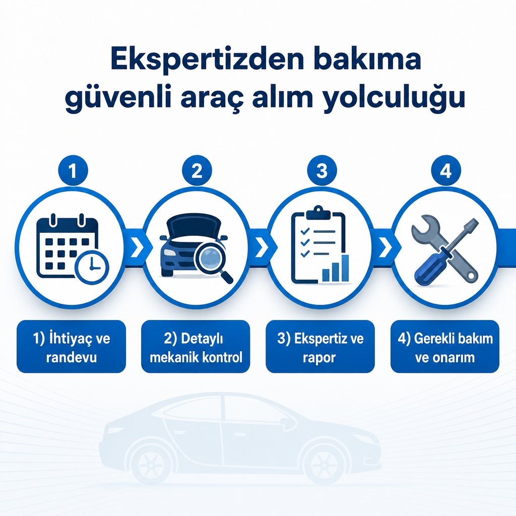 Randevudan bakıma kadar güvenli araç alım sürecini gösteren dört adımlı görsel