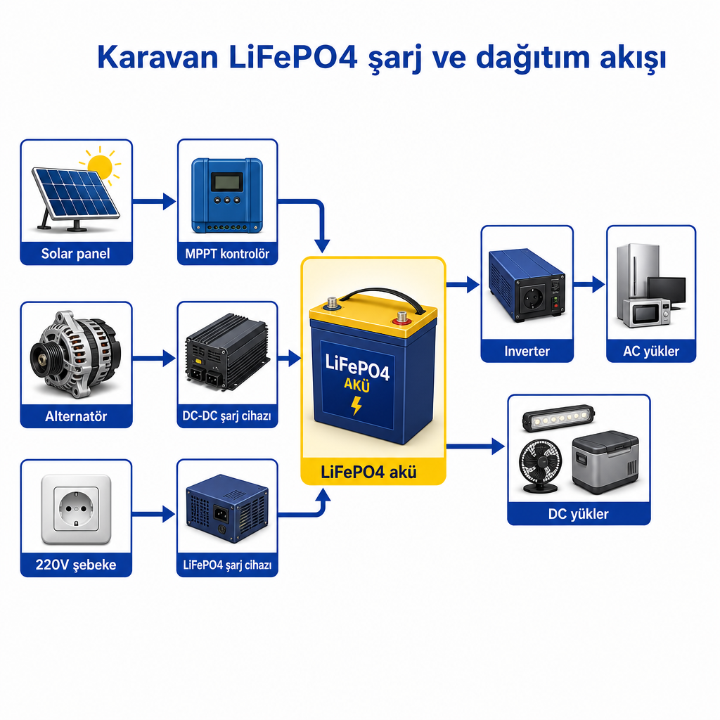 Solar, alternatör ve şebeke kaynaklarından LiFePO4 aküye ve yüklere giden enerji akışını gösteren şema