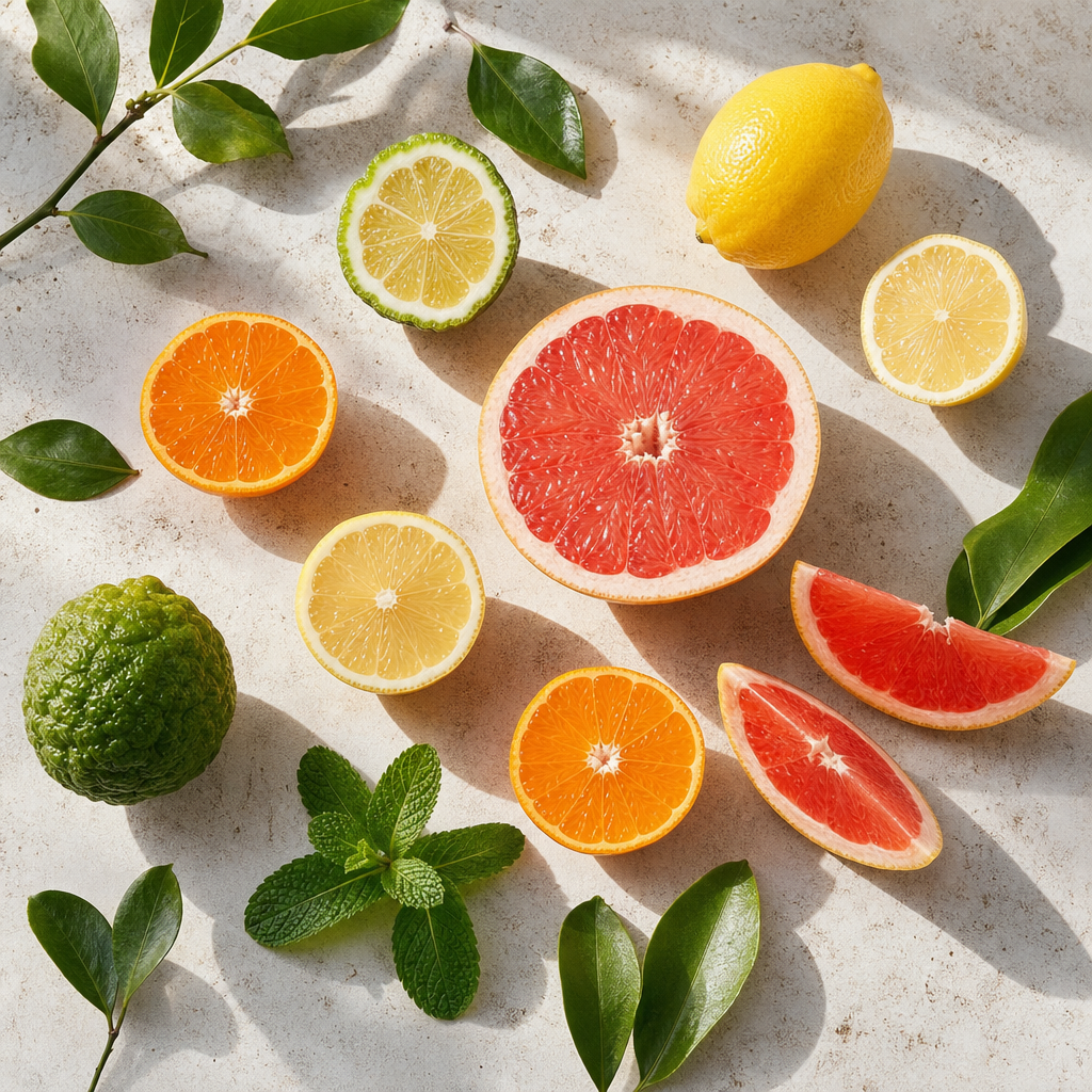 Bergamot, limon, mandalina, greyfurt dilimleri ve yeşil yapraklarla hazırlanmış yazlık nota flat-lay düzeni
