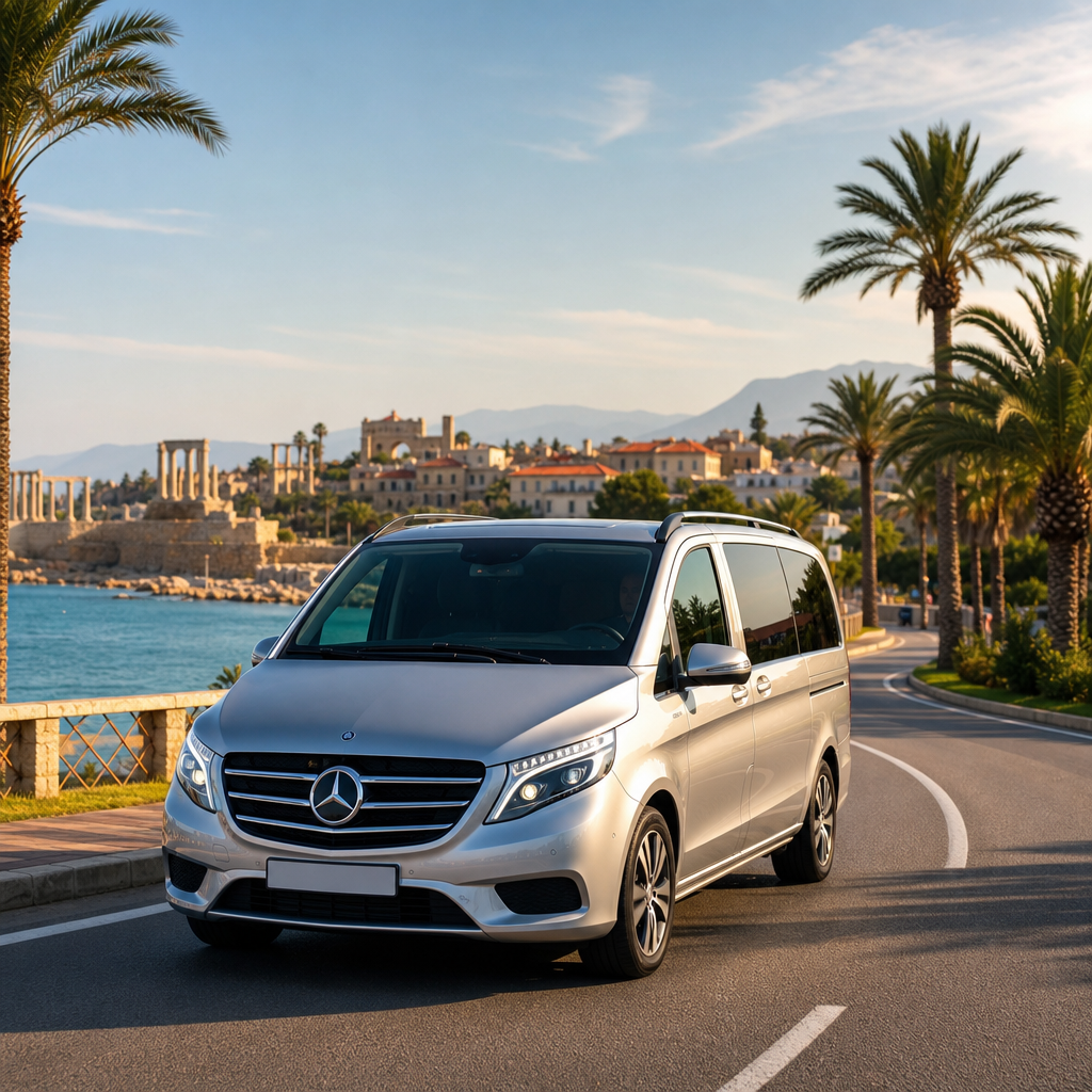 VIP-микроавтобус Mercedes на прибрежной дороге, направляющийся к курортному району Сиде