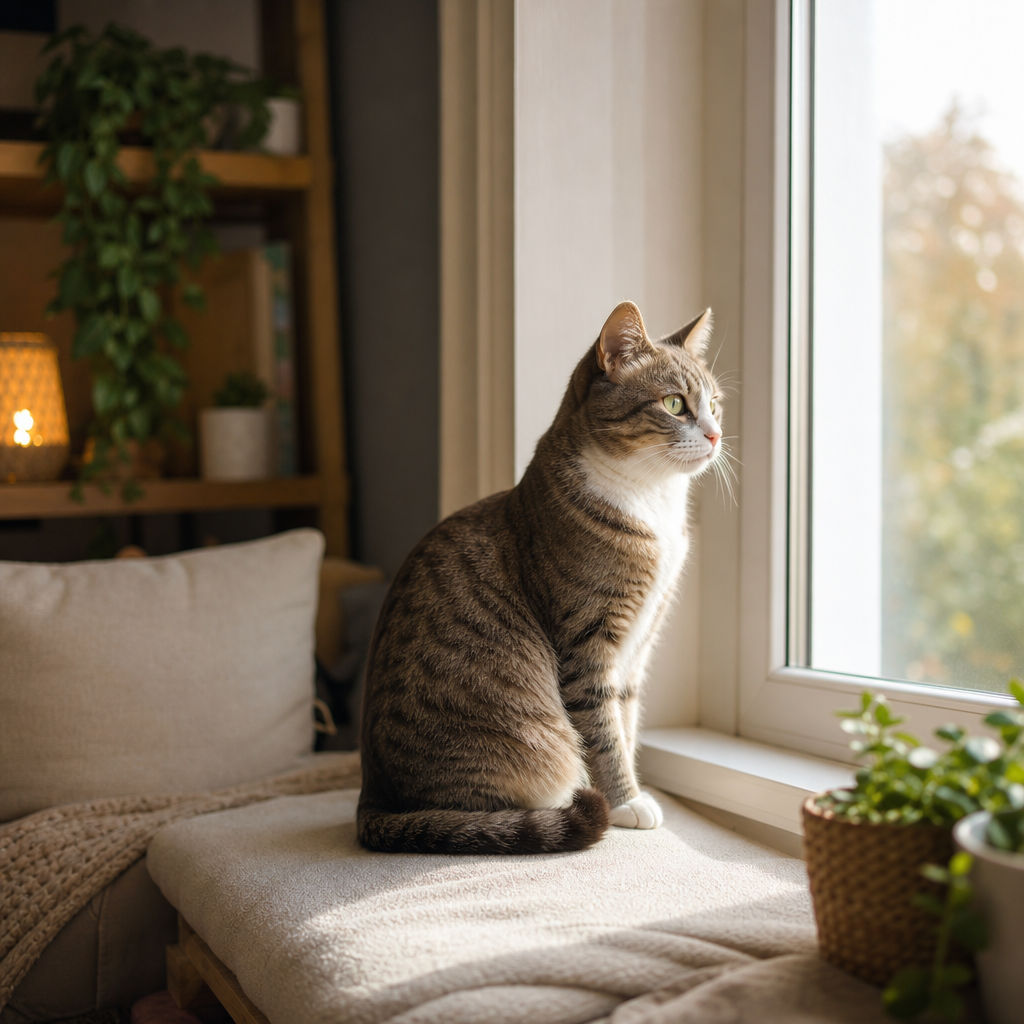 Aydınlık bir evde pencere kenarında sakin şekilde oturan bir kedi