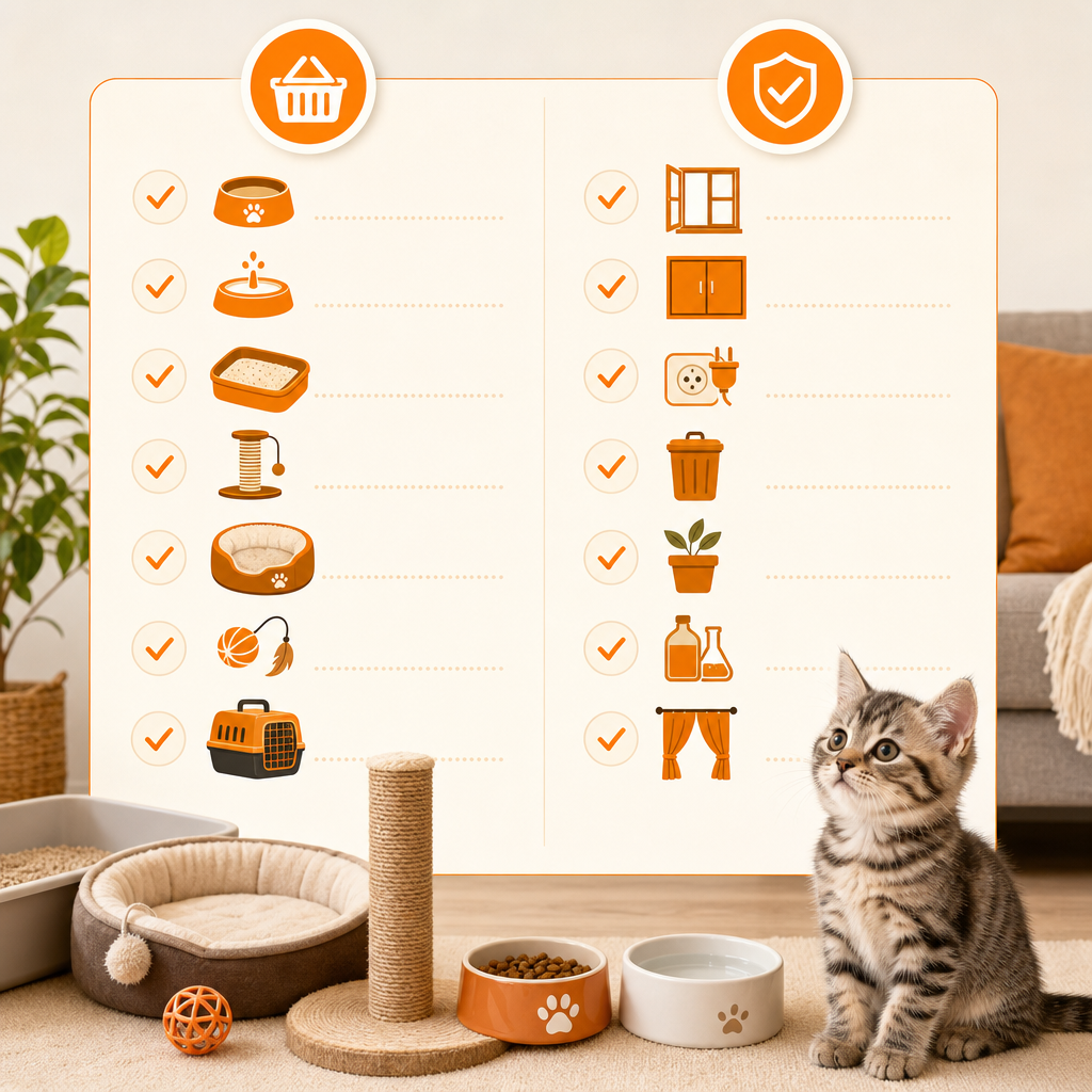 Kedi gelmeden önce hazırlanması gereken ekipman ve güvenlik önlemlerini gösteren kontrol listesi