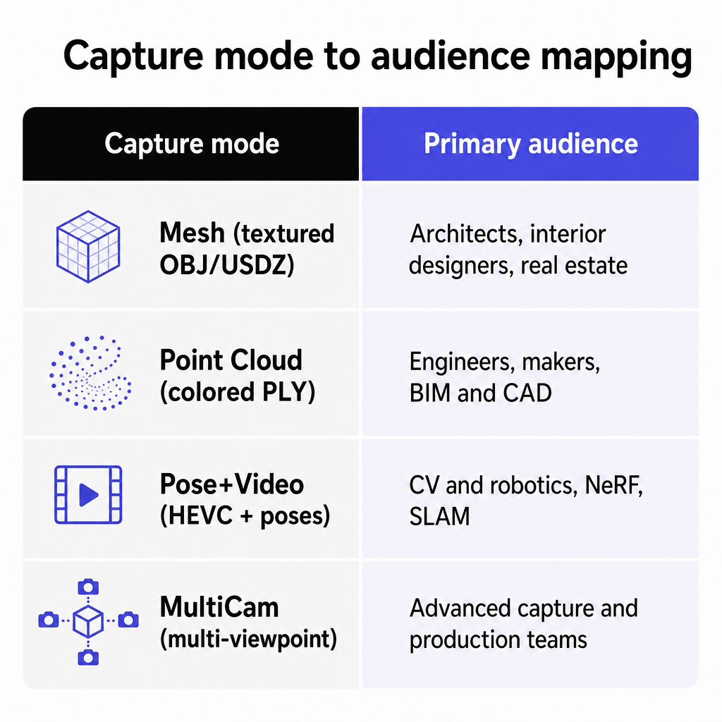 Table matching each Voxelio capture mode to its primary professional audience