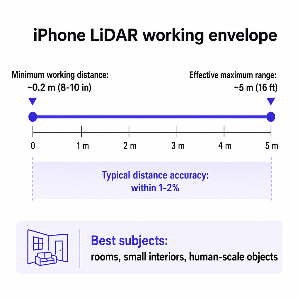 Chart showing iPhone LiDAR minimum distance, maximum range, and typical accuracy band