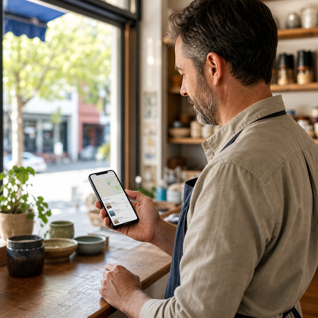 A small business owner checking local search results on a phone inside a storefront