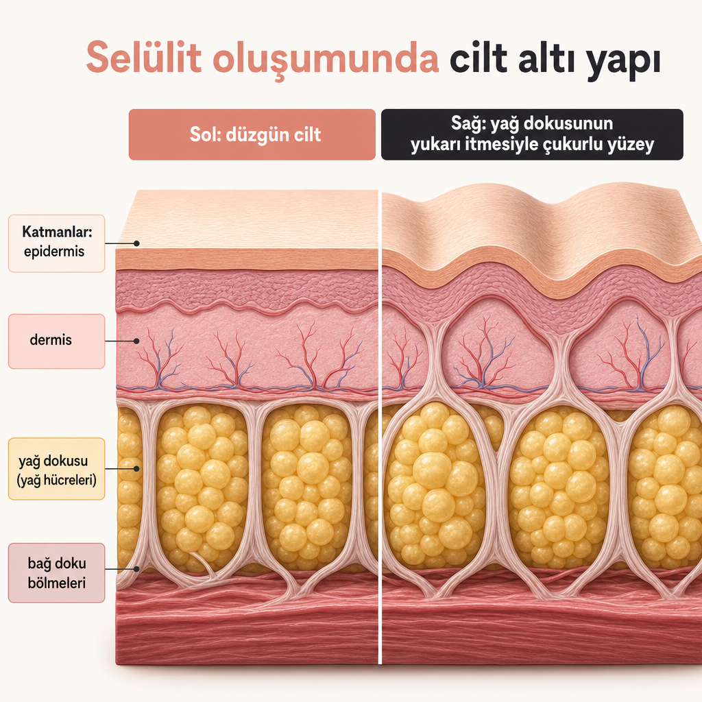 Düzgün cilt ile selülitli cildin karşılaştırmalı kesit çizimi; yağ dokusunun bağ doku arasından yukarı itmesi