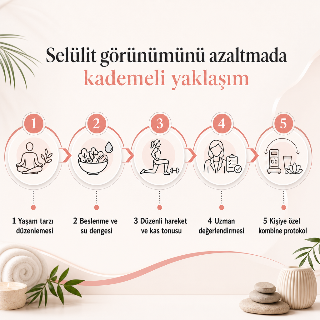Selülit görünümünü azaltmada yaşam tarzından kişiye özel protokole uzanan beş aşamalı süreç şeması