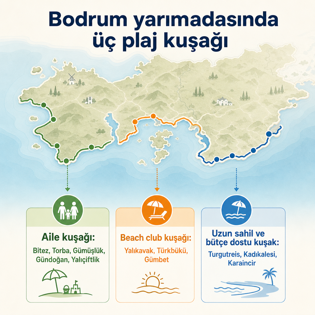 Bodrum yarımadasında aile, beach club ve uzun sahil kuşaklarını gösteren şema