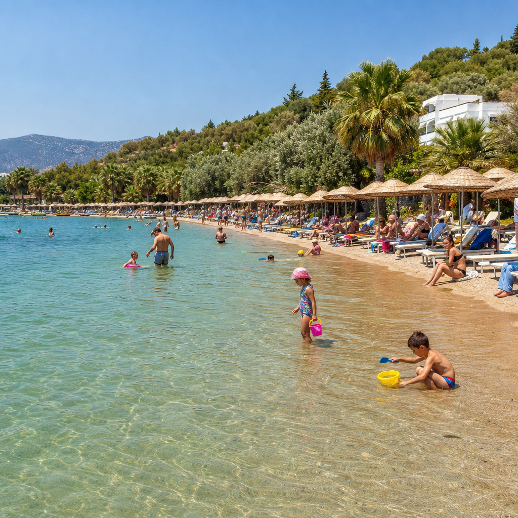 Sığ ve sakin denizli bir Bodrum koyunda şemsiye hattı ve aileler
