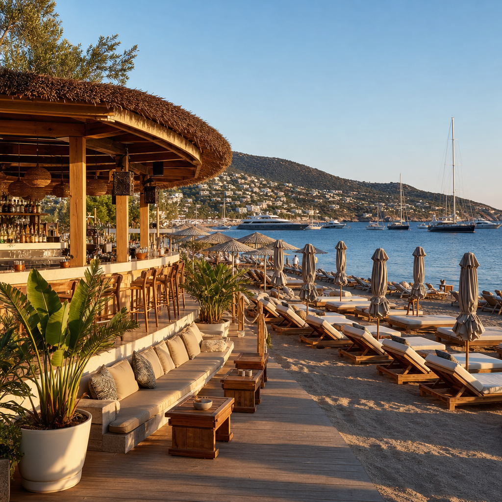 Şezlong sıraları ve sahil barıyla bir Bodrum beach club manzarası