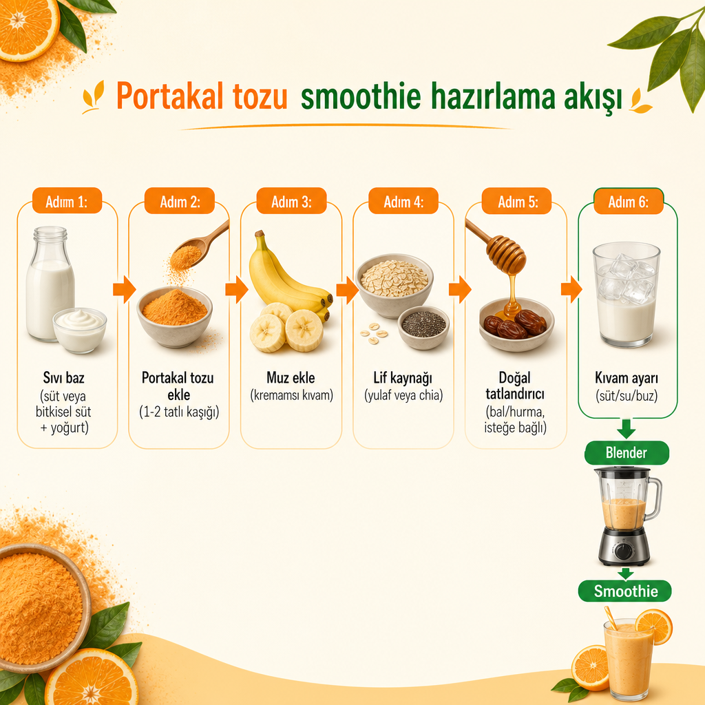 Portakal tozu smoothie'nin altı adımlık hazırlık akışını gösteren yatay süreç şeması