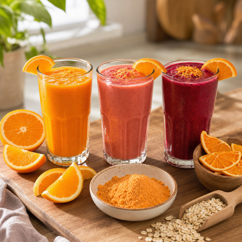 Turuncu, pembe ve koyu kırmızı tonlarında üç farklı portakal tozu smoothie ve yanında meyve tozu ile taze malzemeler