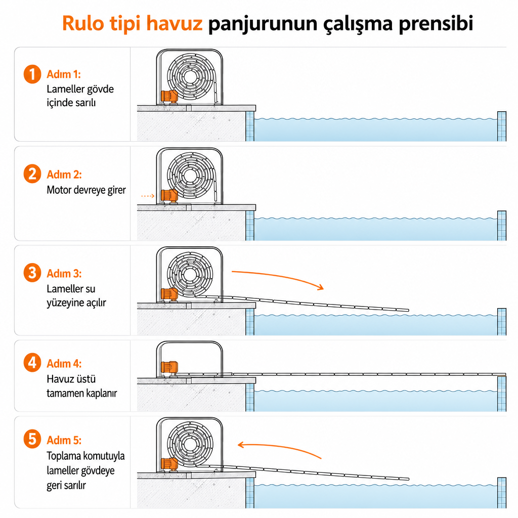 Rulo tipi havuz panjurunun gövde, motor ve lamel açılma yönünü gösteren kesit diyagramı