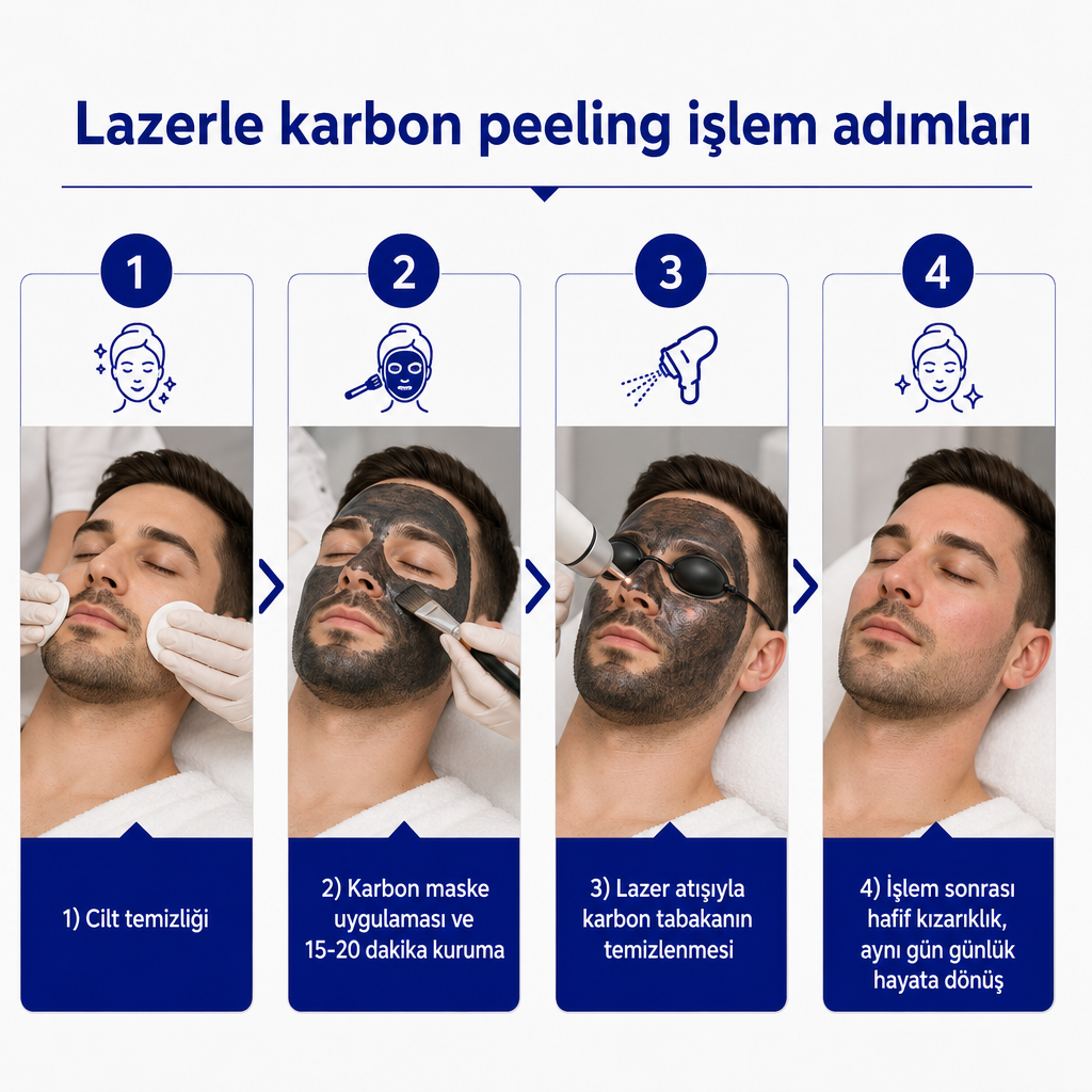 Karbon peeling işleminin dört adımını gösteren süreç görseli