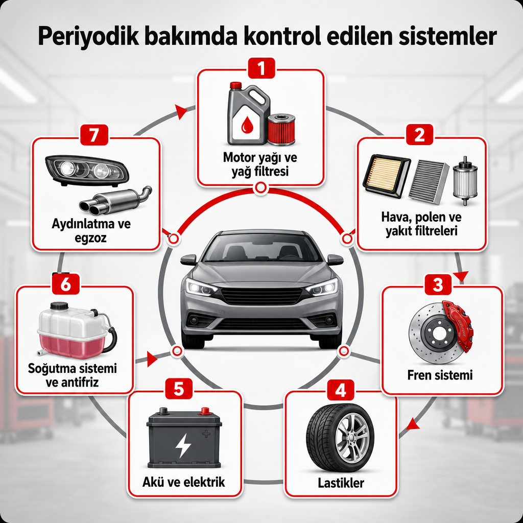 Periyodik bakımda kontrol edilen yedi ana sistemi gösteren blok diyagram