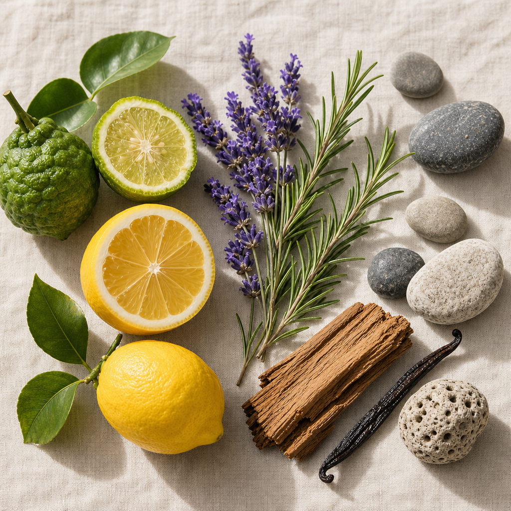 Bergamot, limon, lavanta, biberiye, deniz taşları ve sedirden oluşan ferah-odunsu dengeli düzenleme