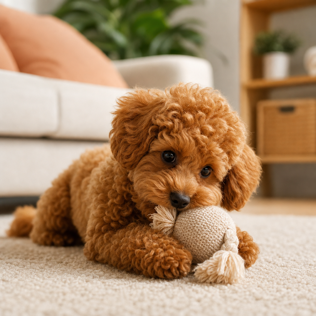 Ev ortamında oyuncağıyla ilgilenen kıvırcık tüylü bir Toy Poodle.