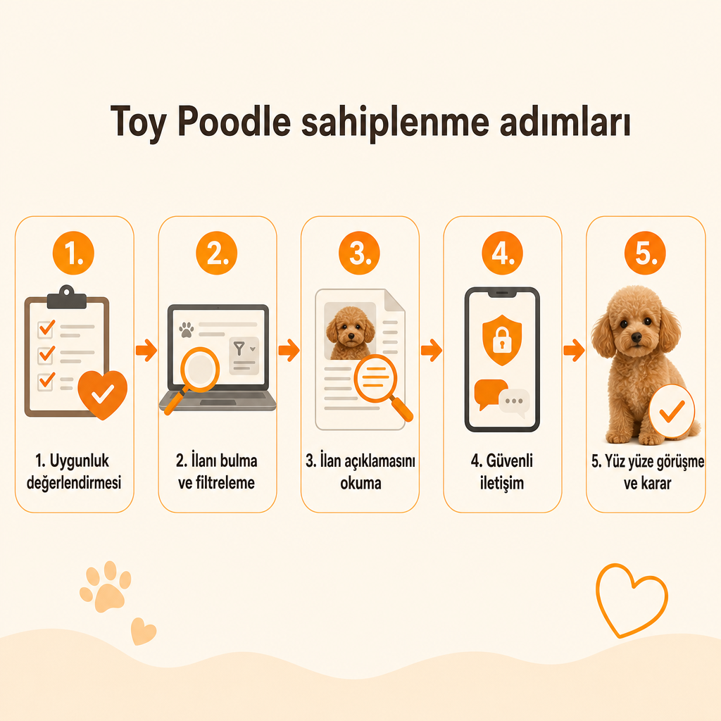 Toy Poodle sahiplenme sürecinin beş adımını gösteren yatay süreç şeması.