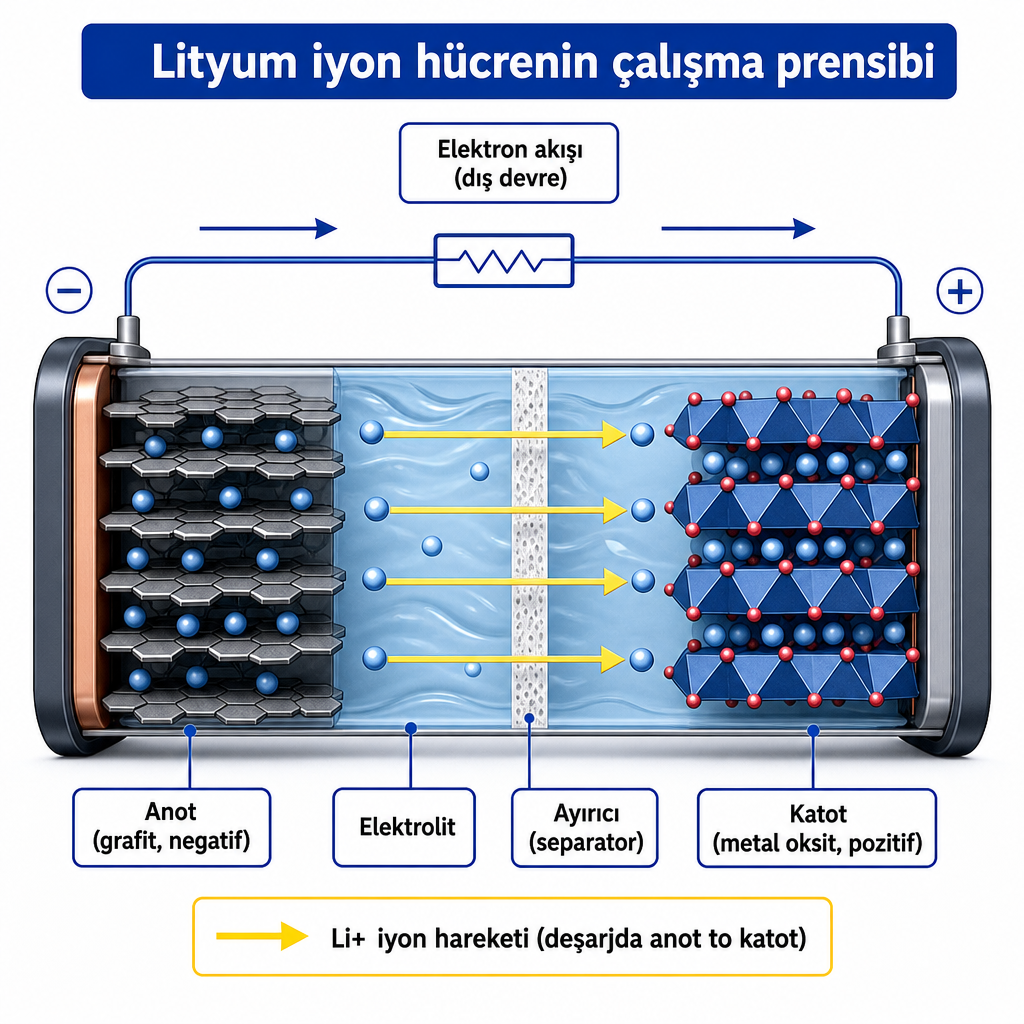 Lityum iyon hücrede deşarj sırasında iyon ve elektron hareketini gösteren şema