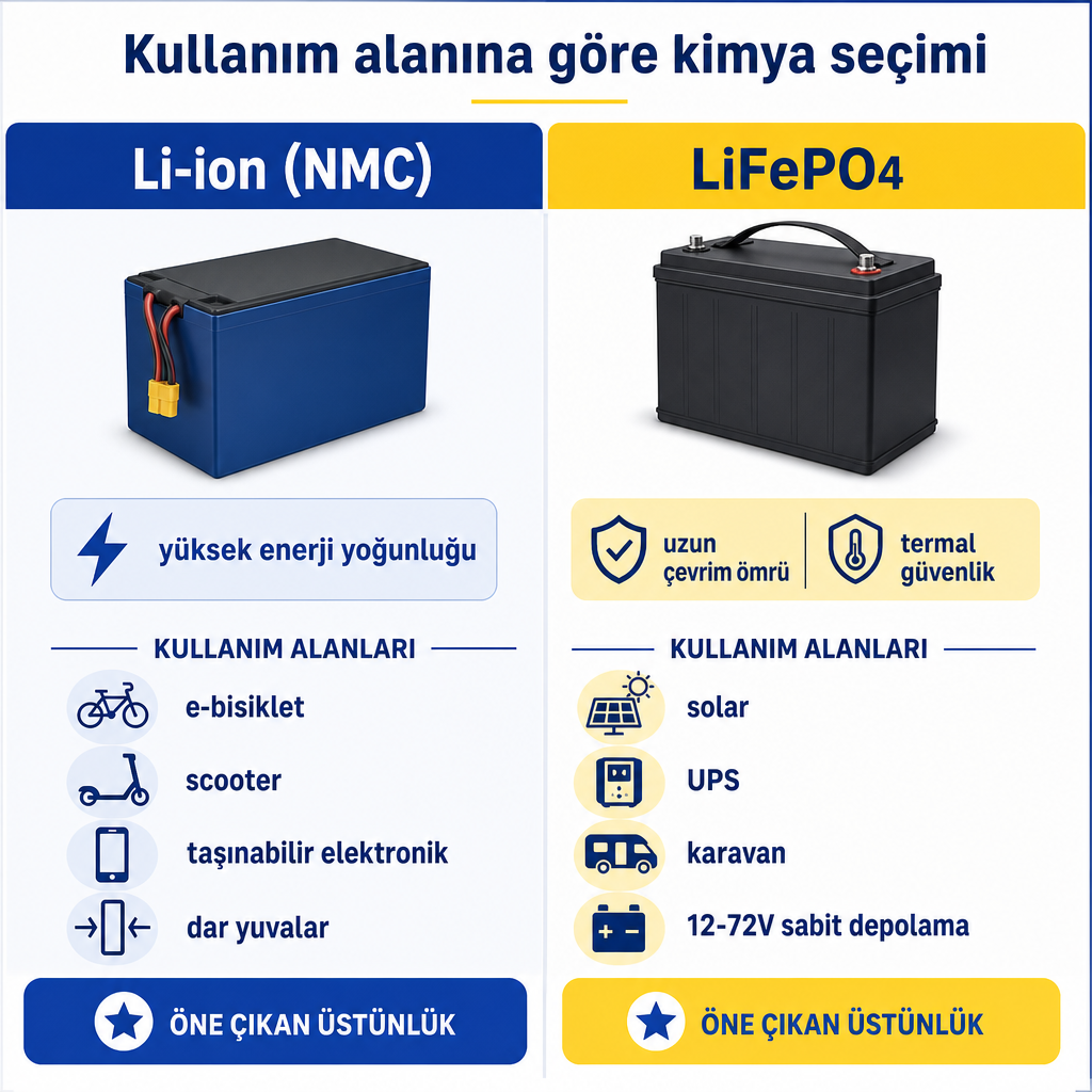 NMC ve LiFePO4 kimyalarının kullanım alanlarına göre karşılaştırması