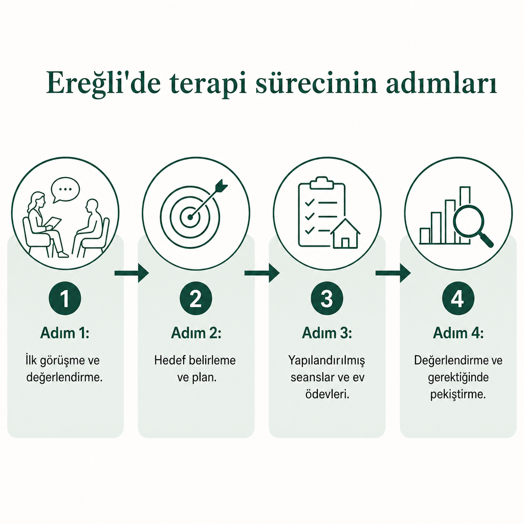 Değerlendirmeden pekiştirme seanslarına dört adımlı psikoterapi süreç şeması