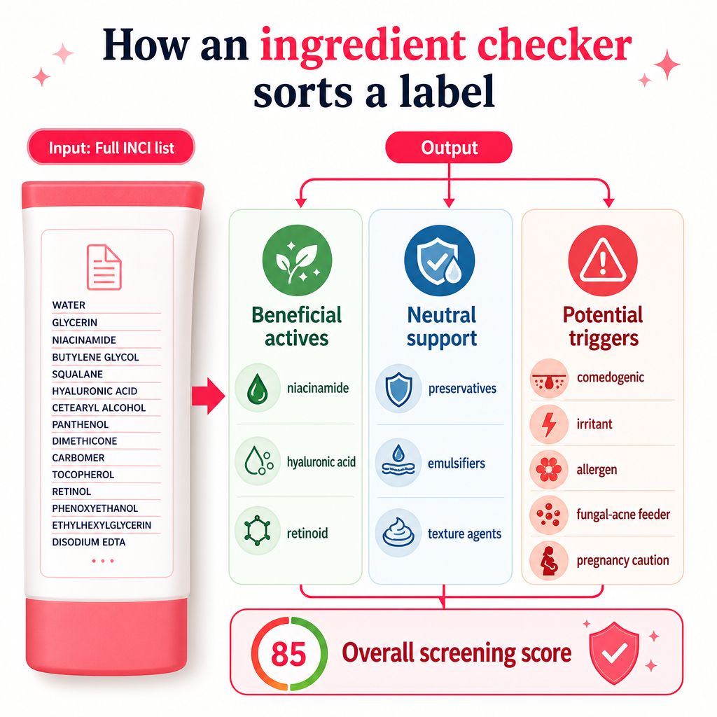 Diagram showing an ingredient list sorted into beneficial actives, neutral support ingredients, and potential triggers, ending in a screening score.