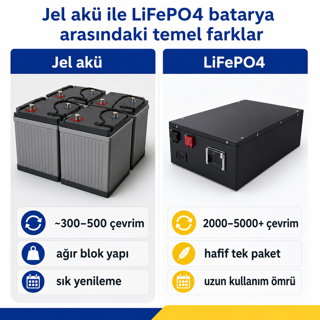 Jel akü blokları ile LiFePO4 batarya paketinin çevrim ömrü ve ağırlık açısından karşılaştırması