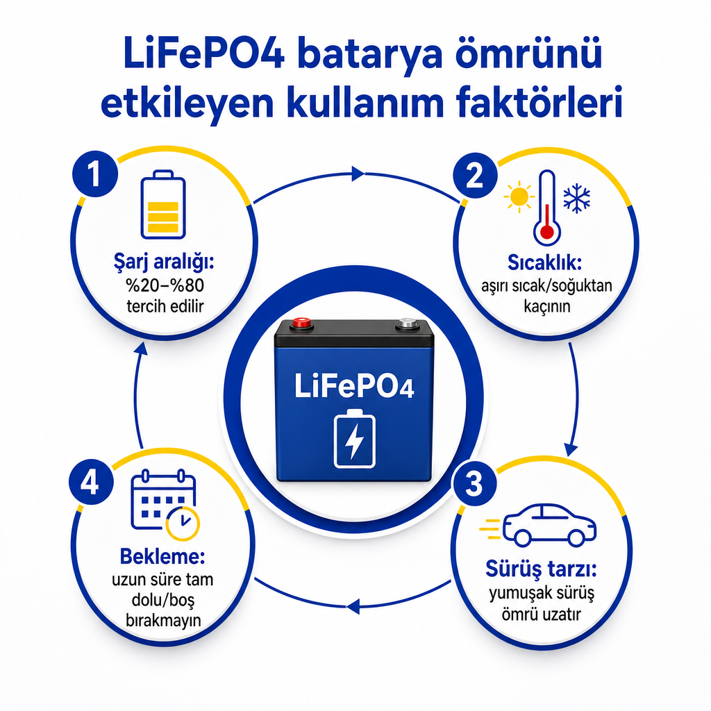 LiFePO4 batarya ömrünü etkileyen dört ana kullanım faktörünü gösteren infografik