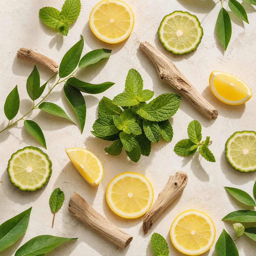 Açık zeminde dilimlenmiş limon, bergamot, taze nane yaprakları ve ahşap parçalarından oluşan ferah koku temalı düz kompozisyon
