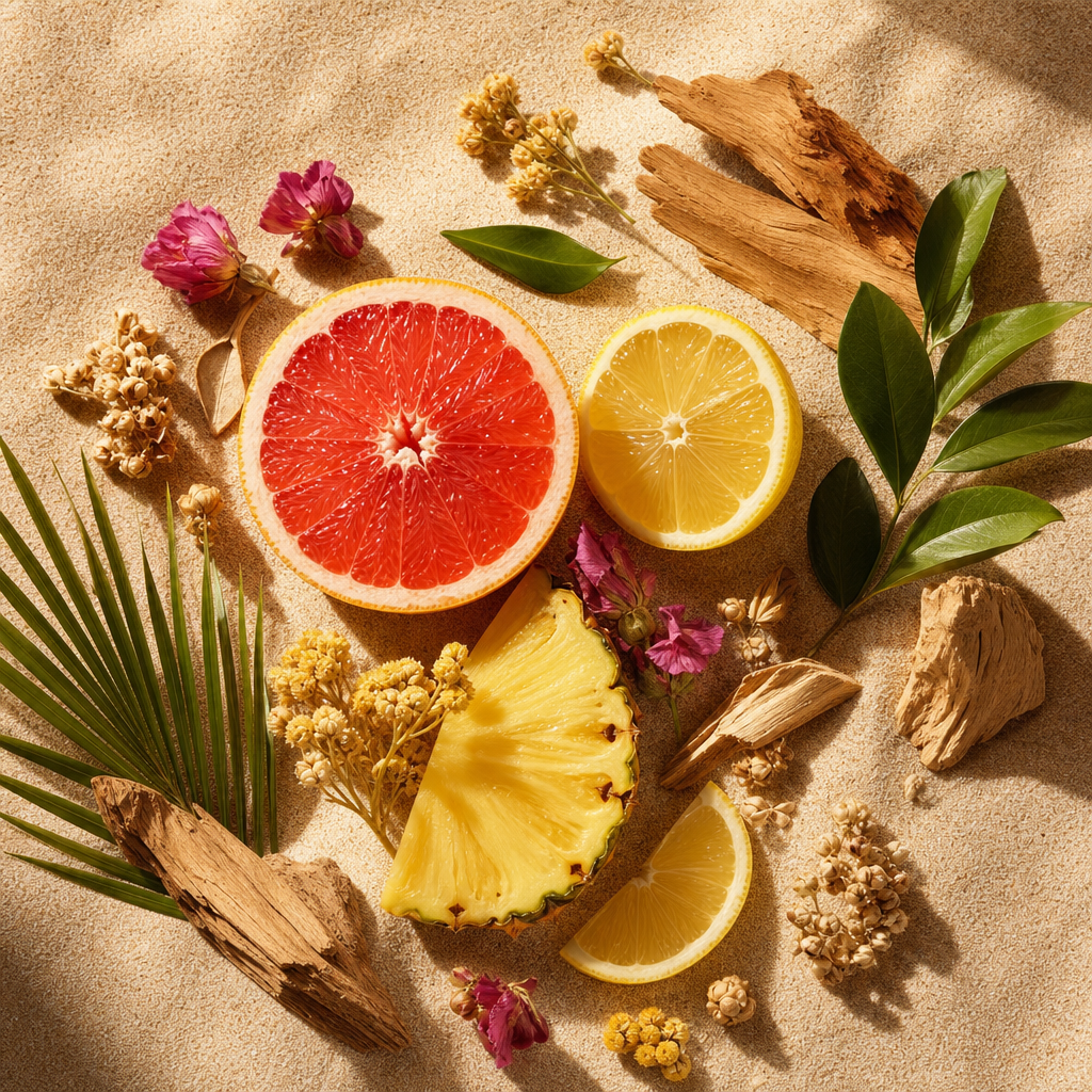 Kum dokusunda greyfurt, limon, ananas dilimi, kuru çiçekler ve ahşap parçalarından oluşan yaz temalı canlı koku kompozisyonu