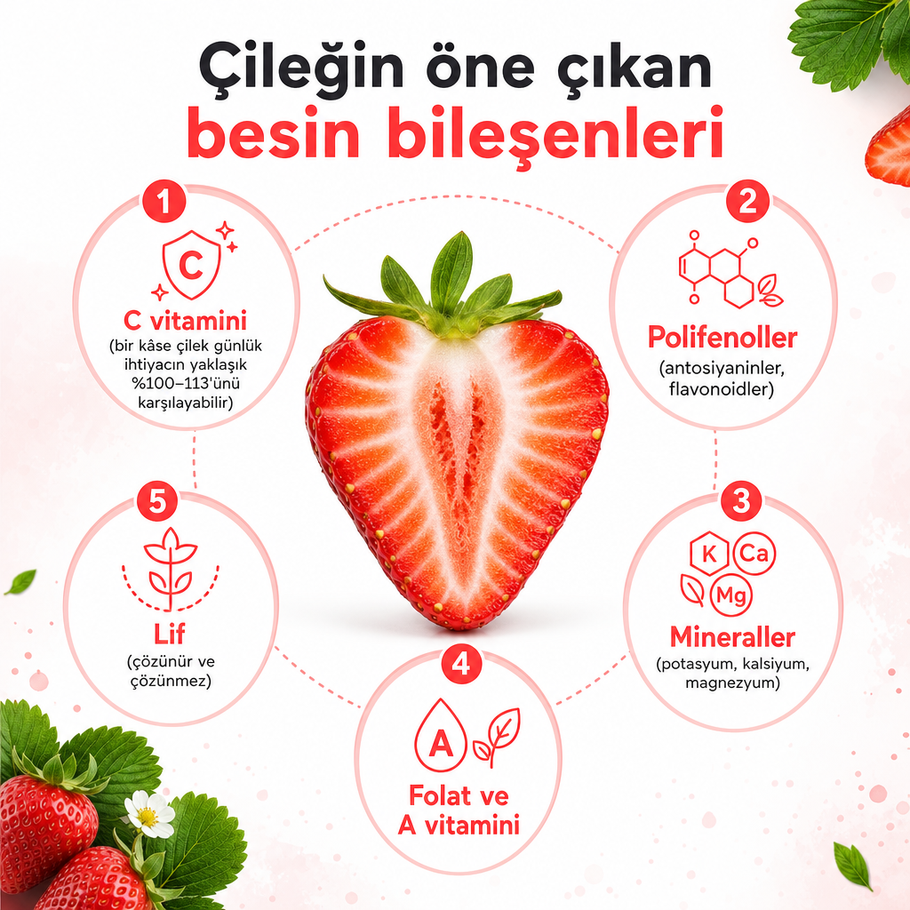 Çileğin C vitamini, polifenoller, mineraller, folat ve lif bileşenlerini gösteren infografik