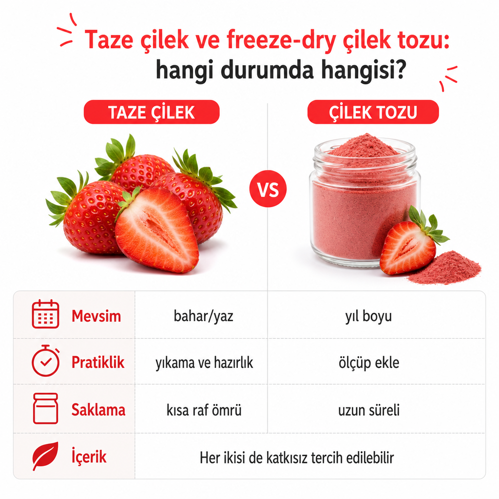 Taze çilek ve freeze-dry çilek tozunun mevsim, pratiklik, saklama ve içerik açısından karşılaştırması