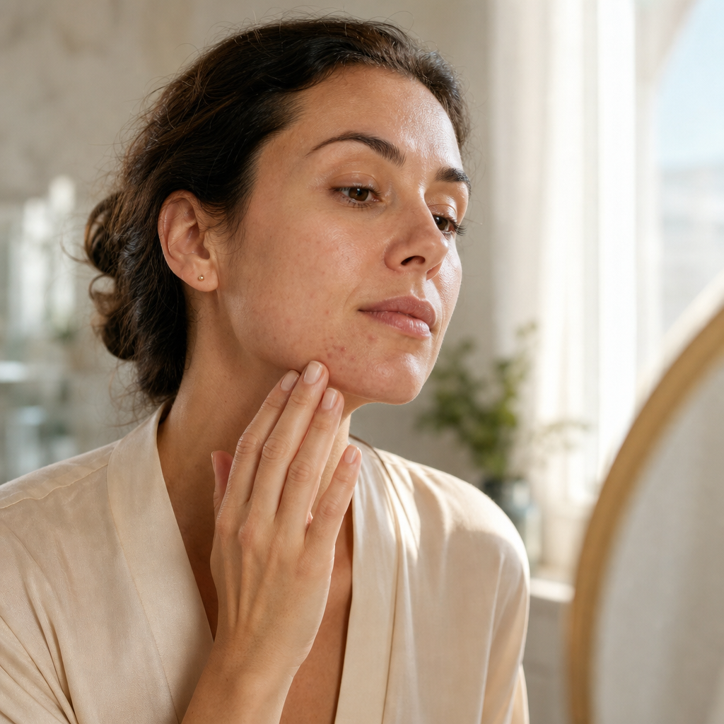 Adult woman examining her chin and jawline skin in soft natural light