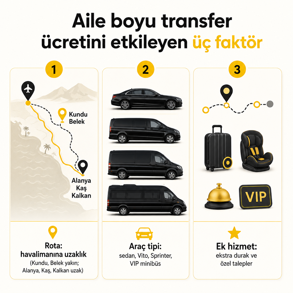 Rota, araç tipi ve ek hizmet başlıklarıyla transfer ücretini etkileyen üç faktörü gösteren infografik