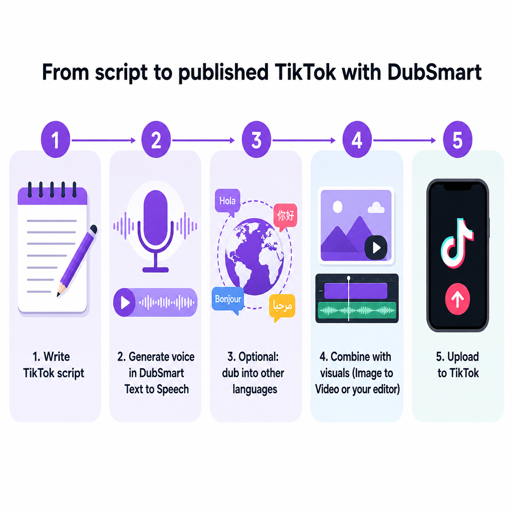 Vijfstappendiagram dat scriptschrijven, stemgeneratie, nasynchronisatie, het combineren van beelden en het uploaden naar TikTok toont