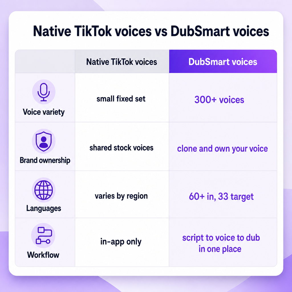 Vergelijkingstabel die TikTok's native tekst-naar-spraak contrasteert met DubSmart op het gebied van stemvariatie, eigendom, talen en workflow