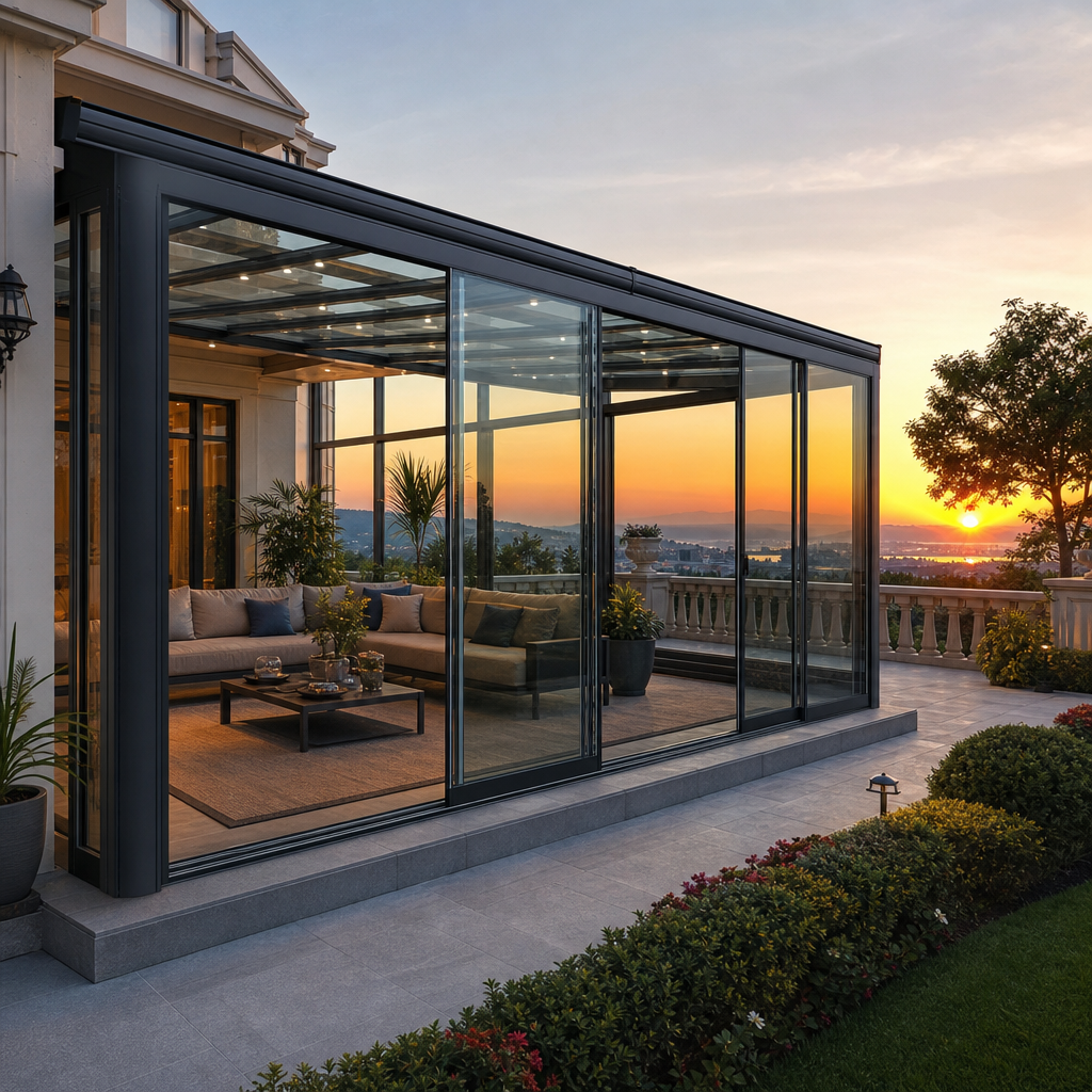 Villa terasında cam cepheli, alüminyum taşıyıcılı modern bir kış bahçesi