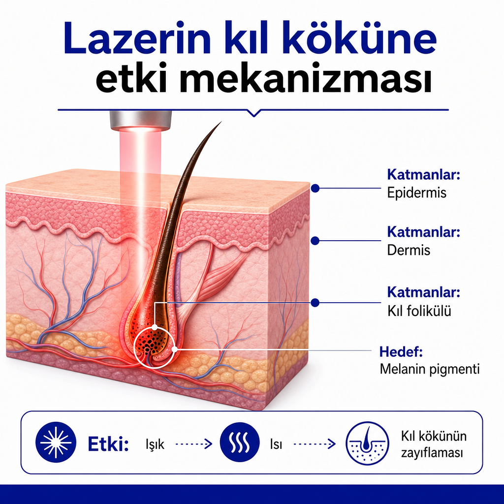 Lazer ışığının cilt katmanlarından geçip kıl köküne ulaşmasını gösteren kesit şeması