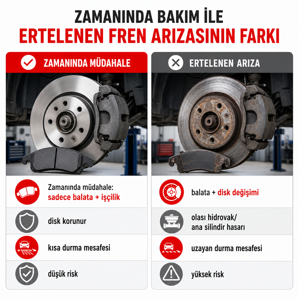 Zamanında yapılan fren bakımı ile ertelenen fren arızasının maliyet ve risk açısından karşılaştırması.