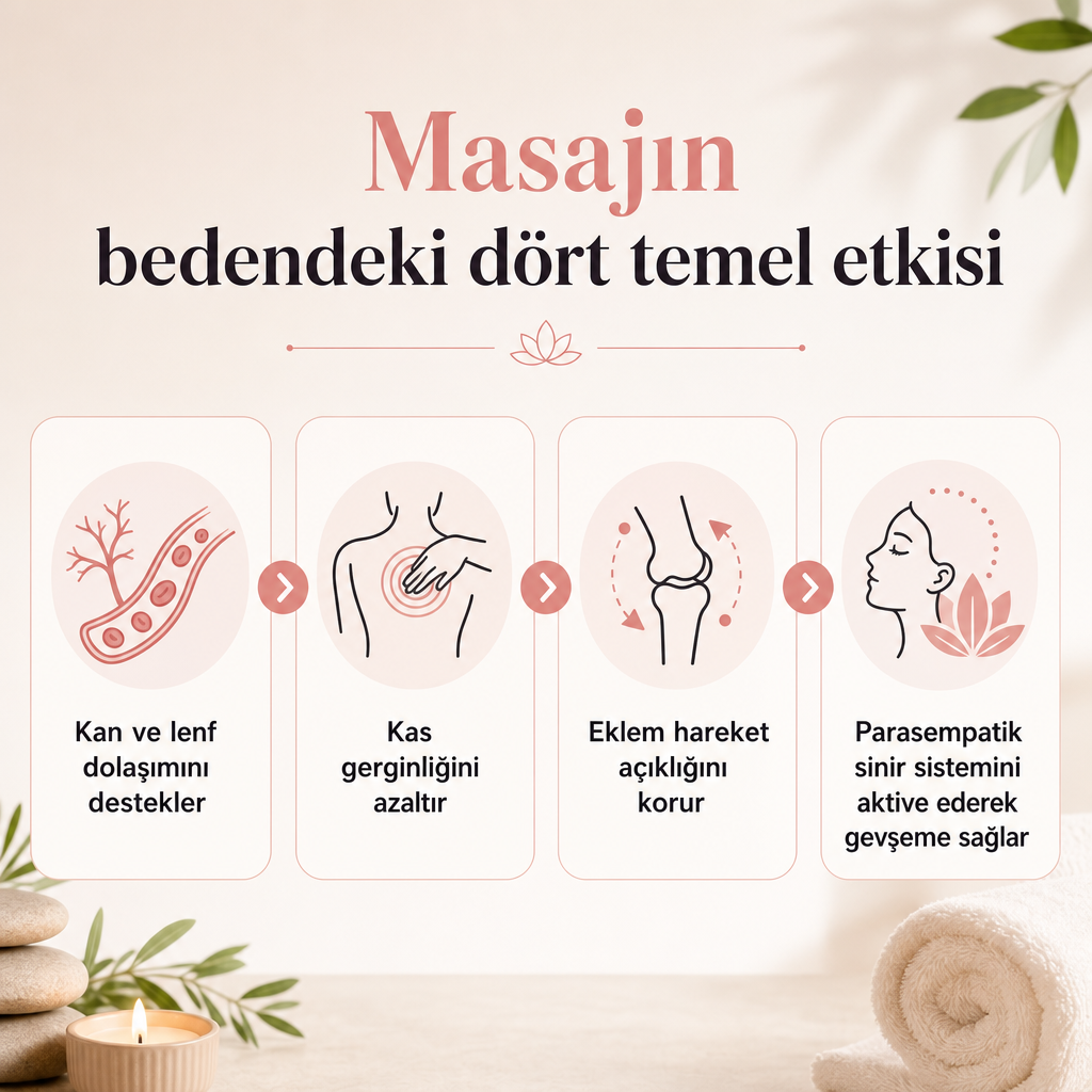 Masajın dolaşım, kas gevşemesi, eklem hareketi ve gevşeme üzerindeki dört temel etkisini gösteren infografik