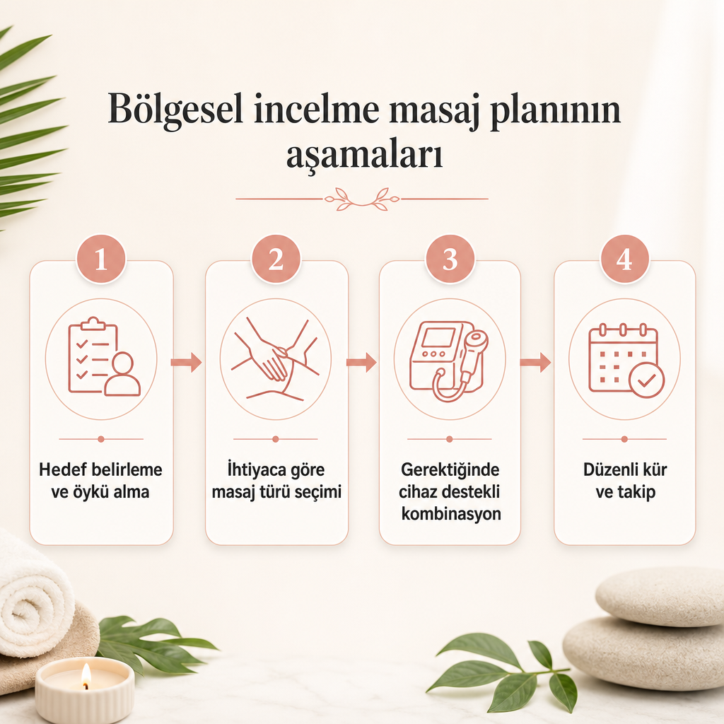 Bölgesel incelme için hedef belirlemeden düzenli küre uzanan dört aşamalı masaj planı şeması