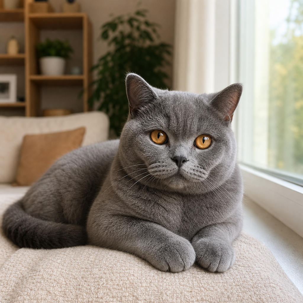 Pencere kenarında sakince oturan gri tüylü British Shorthair kedisi