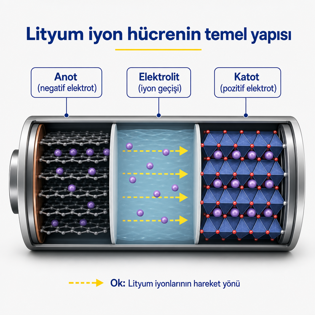 Anot, elektrolit ve katot bileşenlerini gösteren lityum iyon hücre şeması
