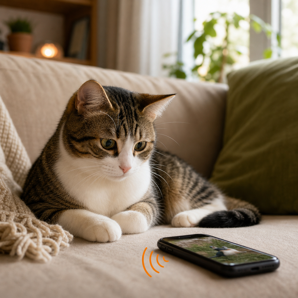 Sakin bir ev ortamında düşük sesle çalan telefonu meraklı biçimde dinleyen rahat bir kedi
