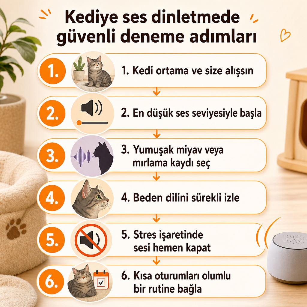 Kediye ses dinletirken izlenecek altı adımlı güvenli deneme sürecini gösteren akış şeması