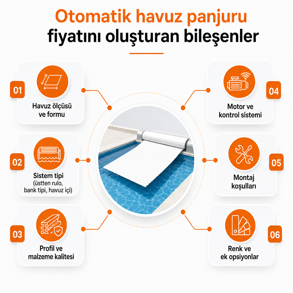 Havuz panjuru fiyatını belirleyen altı ana bileşeni gösteren infografik