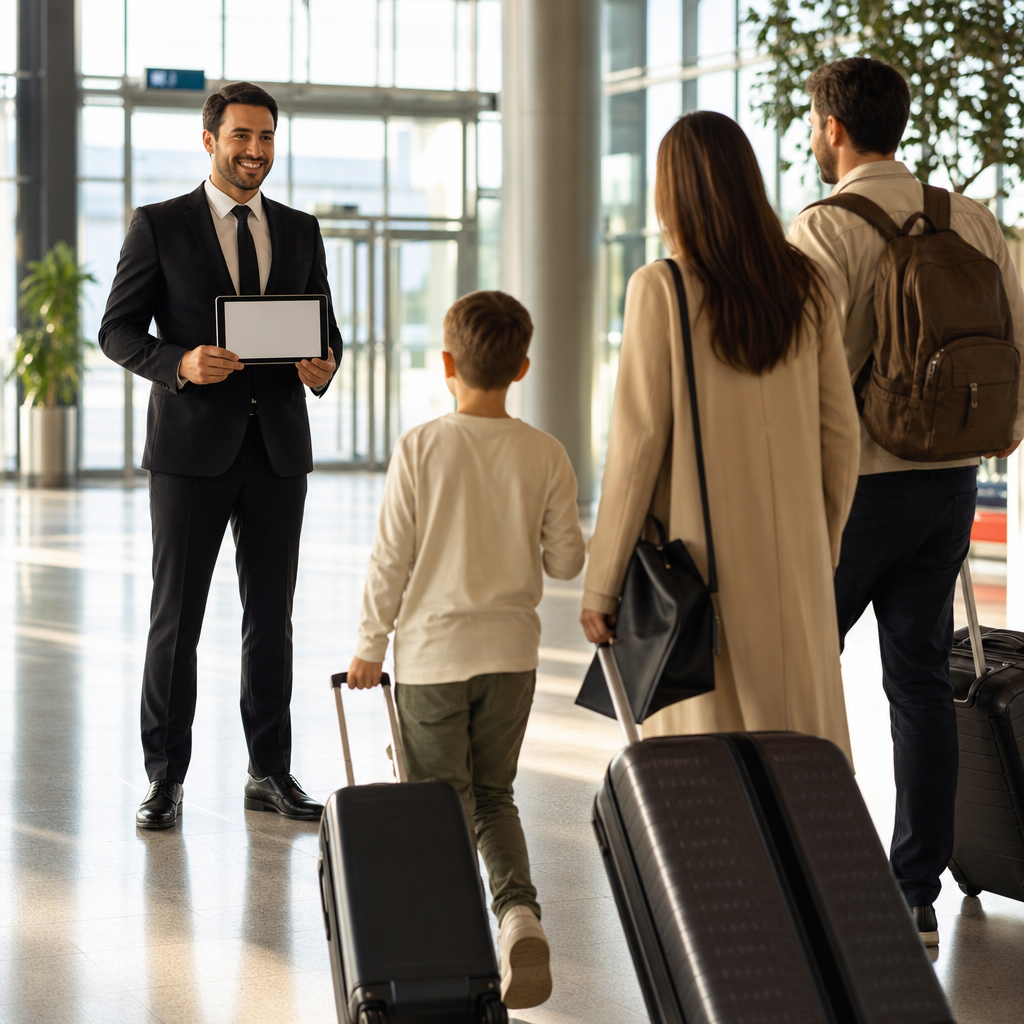 VIP transfer driver welcoming guests with a name sign in the Antalya Airport arrivals hall